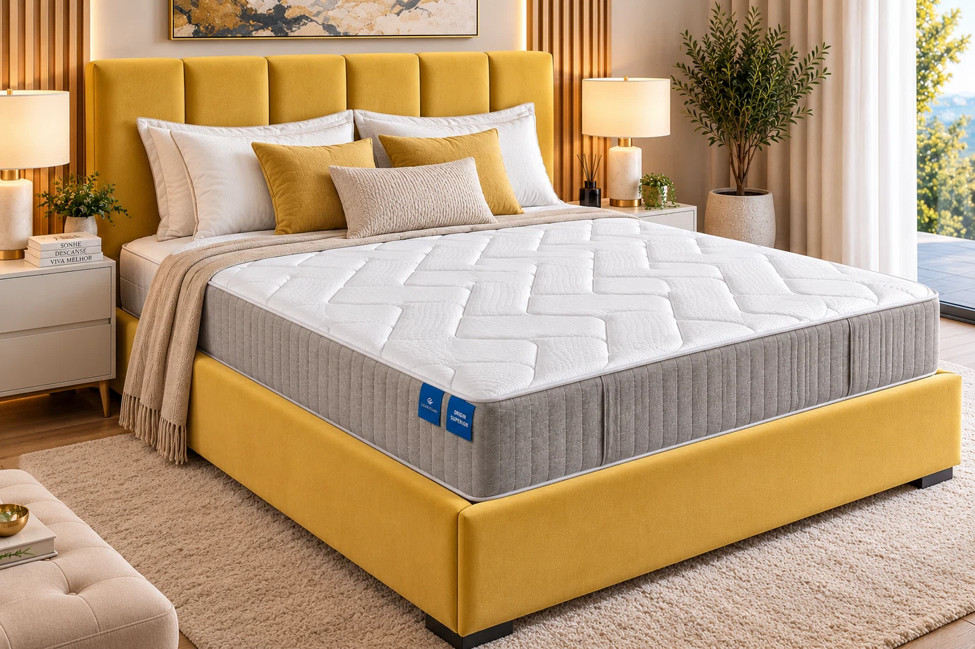 Origin Superior em cama amarela num quarto sofisticado