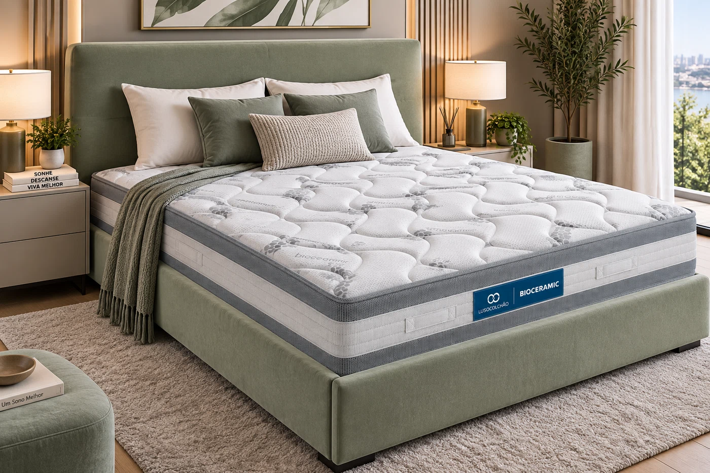 Bioceramic em quarto com cama verde claro